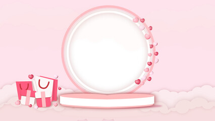 3D room with realistic pedestal podium. Minimal Valentine love scene for product display presentation. Stage for showcase. Vector geometric design platform.