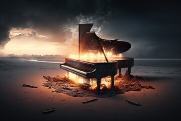 a burning piano in the middle of the beach, stranded with intense flames on the sand, ready for an artistic performance, generative ai