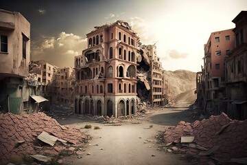 Fototapeta premium An Entire City Square Devastated by an Earthquake, Destroying Buildings, Roads, and Another Structures in the City, in a Catastrophic Scene, Generative AI