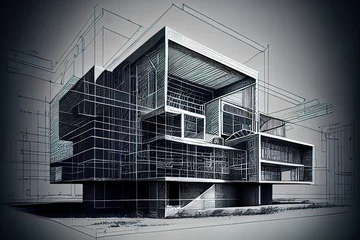 Fotobehang architecture concept art, of modern conventional building with schematic blue print design accents, ai generated © soulfix