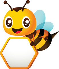 Cartoon smiling bee holding blank honeycomb shape signboard character illustration
