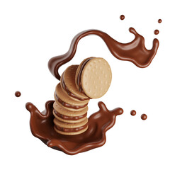 Biscuit or cookie stack chocolate solash png file , 3D Rendering, 3D illustration