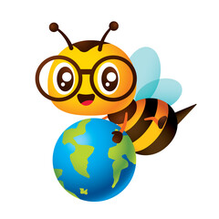 Cartoon cute bee with glasses holding a globe toy character  illustration