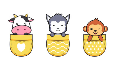 Cute animals in the pocket doodle cartoon icon illustration