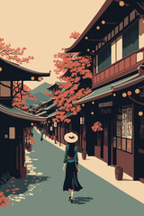 Vector illustration of a woman walking in the streets of Kyoto, Japan