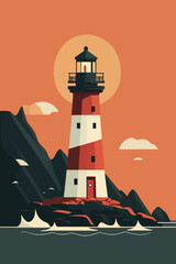 Lighthouse on the rocks. Vector illustration in flat cartoon style.