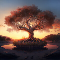 Fantasy Landscape with Tree of Life. Ai Generated Illustration. - 569033951