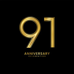 91th Anniversary celebration. Anniversary logo design with golden color for anniversary celebration event. Logo Vector Template Illustration