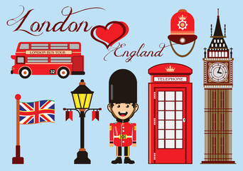 London england travel set vector graphic with big ben in red colors - obrazy, fototapety, plakaty