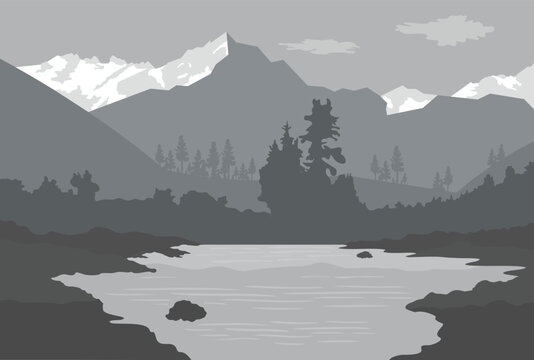 Mountain beautiful landscape panorama in grayscale color and tree and lake silhouettes vector illustration
