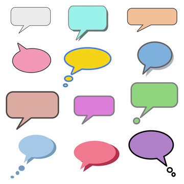 Set different dialog box, frame, speech balloon bubble colorful red violet yellow blue color in black line frame on grey background, Empty blank comment Talk chat speak message