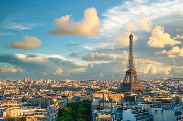 skyline of paris with eiffel tower in france at dusk