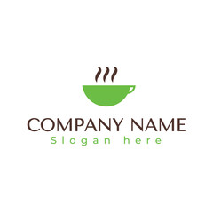 logo for a coffee shop or fast food cafe with a large green coffee cup that looks like a bowl of soup
