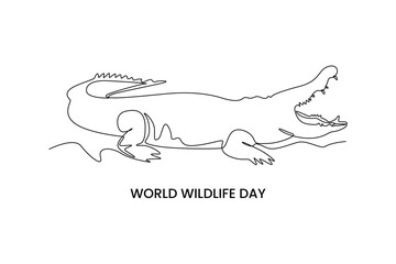 Continuous one line drawing  crocodile. World wildlife day concept. Single line draw design vector graphic illustration.