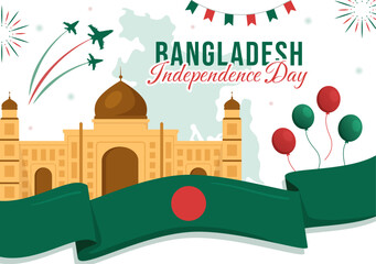 Naklejka premium Happy Independence Day of Bangladesh on March 26th Illustration with Waving Flag and Victory Holiday in Flat Hand Drawn for Landing Page Templates