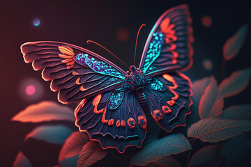 butterfly, neon style, close-up, portrait, bright background, nature background, high quality, high detail, 8k, Generative AI