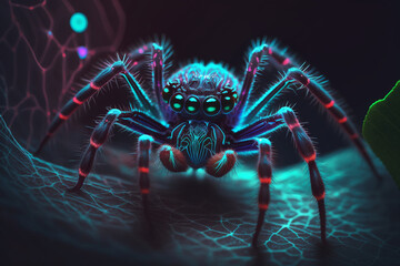 spider, neon style, close-up, portrait, bright background, nature background, high quality, high detail, 8k, Generative AI