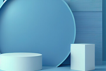 Pedestal podium with rounded corners in blue and white. Platform with geometric shapes. 3D illustration