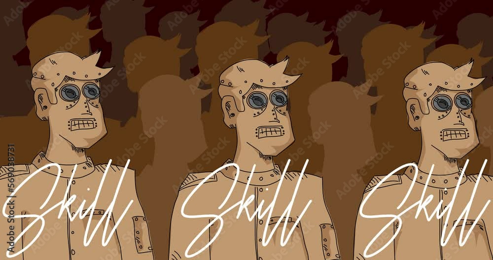 Poster robot army with skill text. line art animated video. future robotics cartoon animation.
