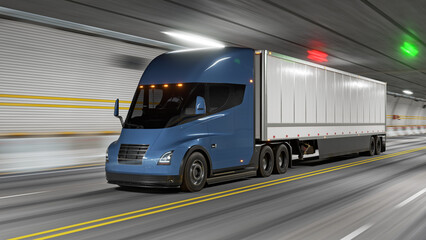 Electric Semi-Trailer Truck driving through a tunnel 3D-render