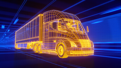 Electric Semi-Trailer Truck driving through a tunnel - Technological blue-yellow glowing Wireframe style 3D-render