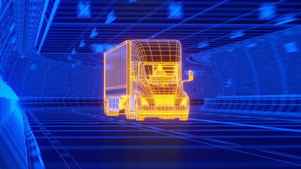 Electric Semi-Trailer Truck driving through a tunnel - Technological blue-yellow glowing Wireframe style 3D-render