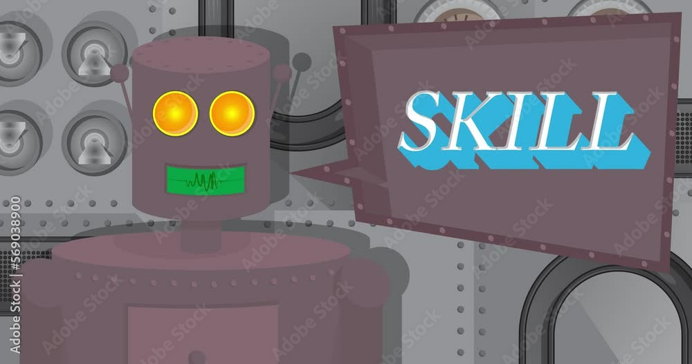 Poster robot saying skill with speech bubble. cartoon animated video. future robotics animation.