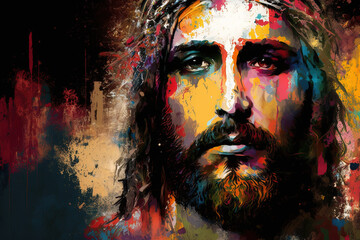 Abstract portrait of Jesus Christ face wearing crown of thorns  original art, easter and good friday, generative ai