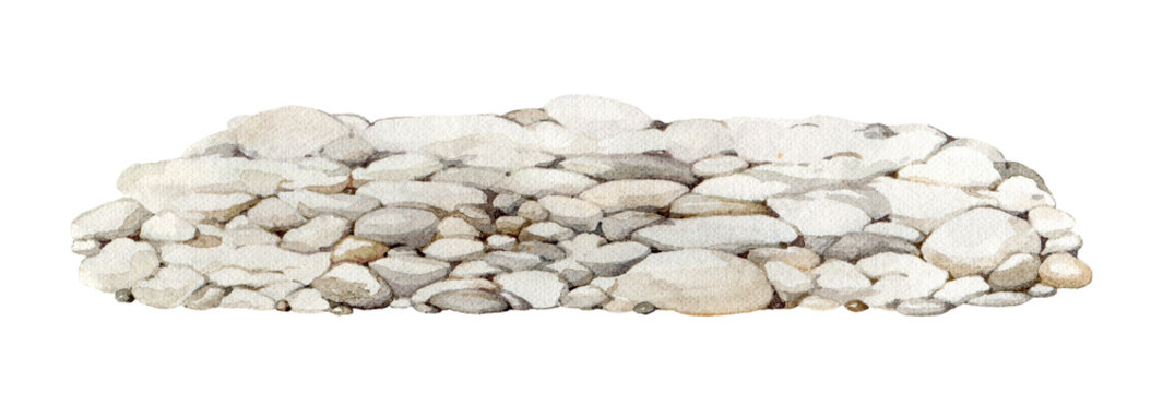 Pebble ground illustration. Hand drawn pile of pebbles, rocks, small stones watercolor image. Natural landscape element. Pebble-stone background.