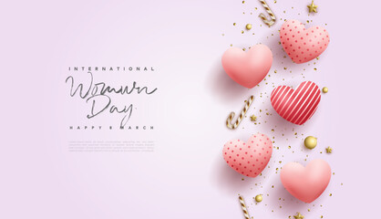 Womens day vector design on bright background with balloons love 3d illustration. Premium vector background for banner, poster, social media greeting.