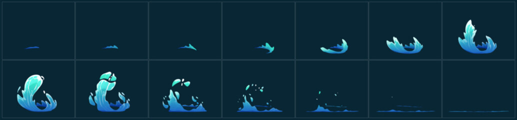 Animation sprite sheet of water splash, sea or ocean wave isolated on black background. Clean liquid fluid motion effect with splatter and drops, vector cartoon illustration