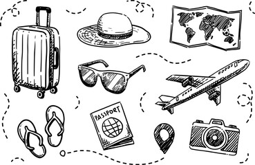 Travel hand drawn sketch, suitcase, maps, flip-flops, maps pin, airplane, passport, beach hat, camera, sunglasses, vector illustration, doodle set