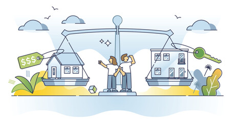 Buying vs renting house as real estate property choice outline concept. Ownership mortgage or rent as decision for investment vector illustration. Family home purchase or paying to landlord options.