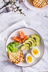 Avocado, soft boiled egg, tomatoes, lettuce and toast on a plate. Healthy food. Top and vertical view