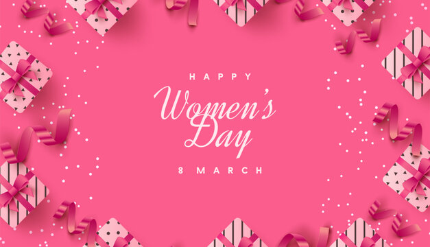 Women's day background in soft pink colors and realistic 3d gift boxes. Premium vector background for banner, poster, social media greeting.