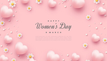 Womens day soft and lovely vector background with realistic pink love balloons illustration. Premium vector background for banner, poster, social media greeting.