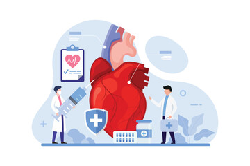 Heart care and medical diagnostic design concept. Doctors treat heart disease vector illustration
