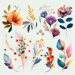 Watercolor flowers set. Collection of decorative elements bright colorful flowers, leaves, grass, hand drawn with watercolors. Decoration Watercolor flowers isolated. Generative AI
