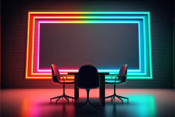 Boardroom with Colorful Neon Empty Frame, Projection Screen, Whiteboard Generative AI
