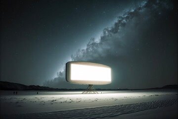 Blank Empty Illuminated Billboard in a Snowy Field at Night, Galaxy Generative AI
