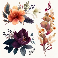 Watercolor flowers set. Collection of decorative elements bright colorful flowers, leaves, grass, hand drawn with watercolors. Decoration Watercolor flowers isolated. Generative AI