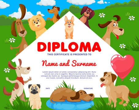 Kids diploma cartoon dogs and puppies, adopt a dog