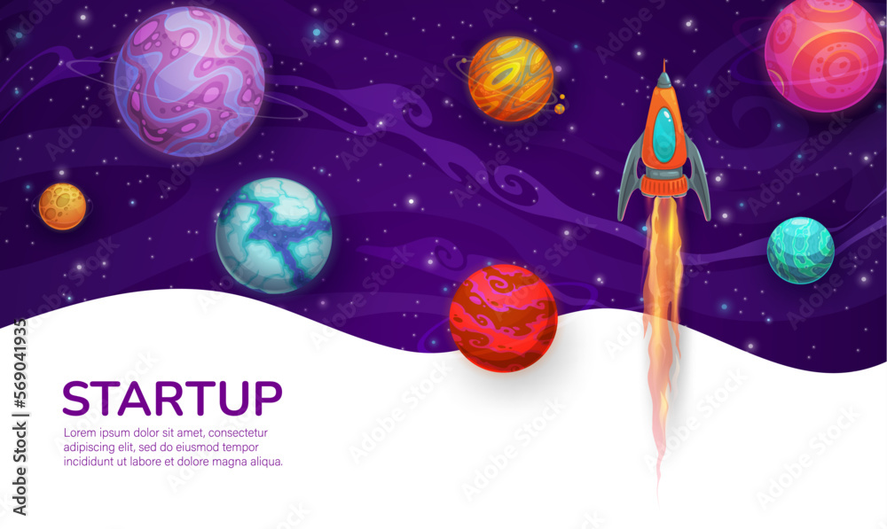 Poster startup project banner with rocketship and planets