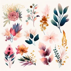 Watercolor flowers set. Collection of decorative elements bright colorful flowers, leaves, grass, hand drawn with watercolors. Decoration Watercolor flowers isolated. Generative AI