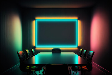 Boardroom with Colorful Neon Empty Frame, Projection Screen, Whiteboard Generative AI - obrazy, fototapety, plakaty