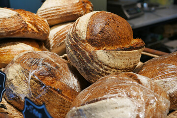 Baked pastry with glass window in the bakery ,