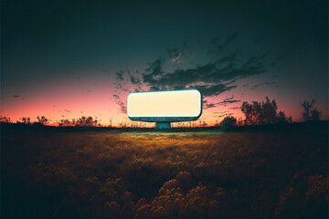 Blank Empty Illuminated Billboard with Colorful Gradient Light in a Field at Dusk Generative AI