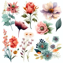 Fototapete Rund Watercolor flowers set. Collection of decorative elements bright colorful flowers, leaves, grass, hand drawn with watercolors. Decoration Watercolor flowers isolated. Generative AI © megavectors