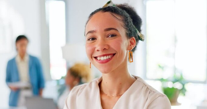 Business woman face, smile and happy portrait of a social media employee in a office. Workplace, young female and seo worker with staff ready for professional working with people in a company
