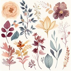 Watercolor flowers set. Collection of decorative elements bright colorful flowers, leaves, grass, hand drawn with watercolors. Decoration Watercolor flowers isolated. Generative AI